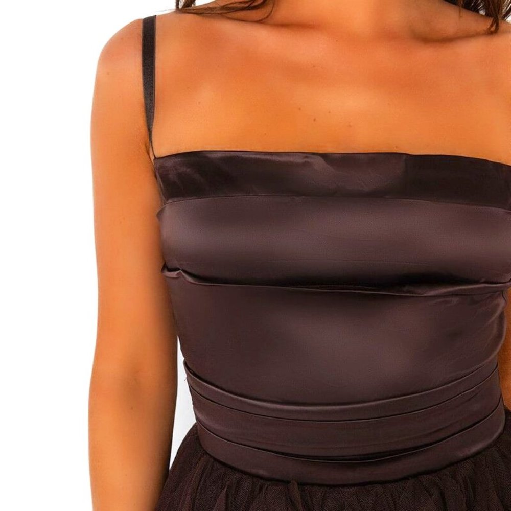 Stasia Chocolate Tulle: Brown Maxi Satin Tube Dress Small - Picture 5 of 5